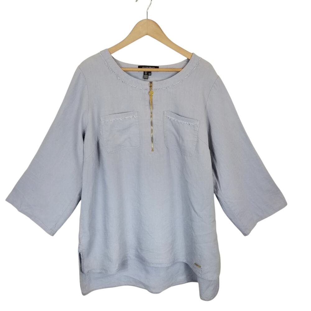 Ellen Tracy Women's 100% Linen 1/4 Zip Blouse Light Blue Size 1X